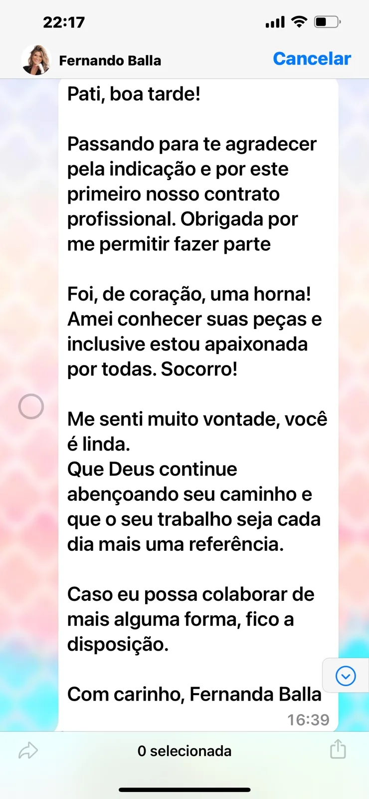 Mensagem de agradecimento de parceiro elogiando as peças e o trabalho da Pati