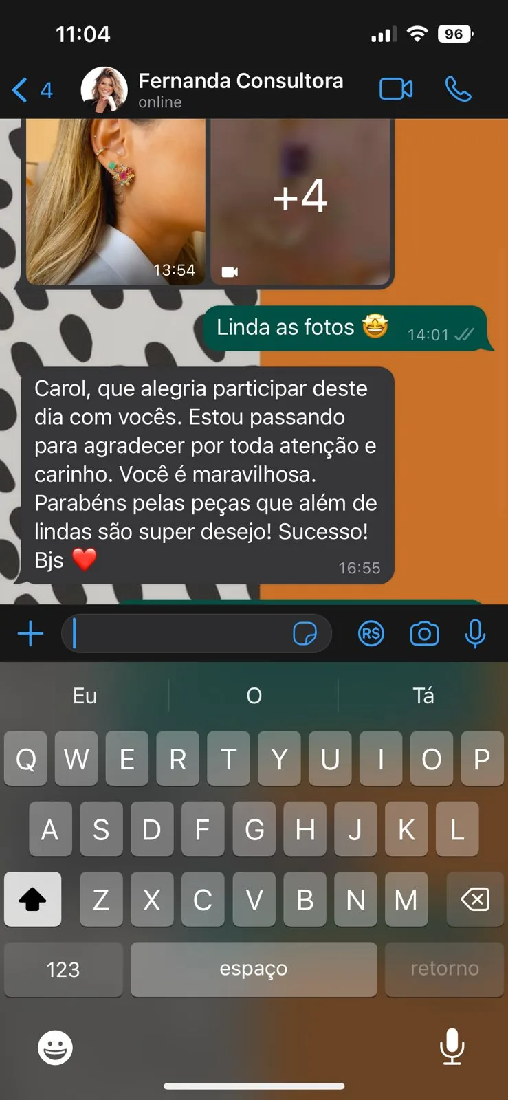 Conversa no WhatsApp: cliente agradece o carinho e elogia as peças lindas